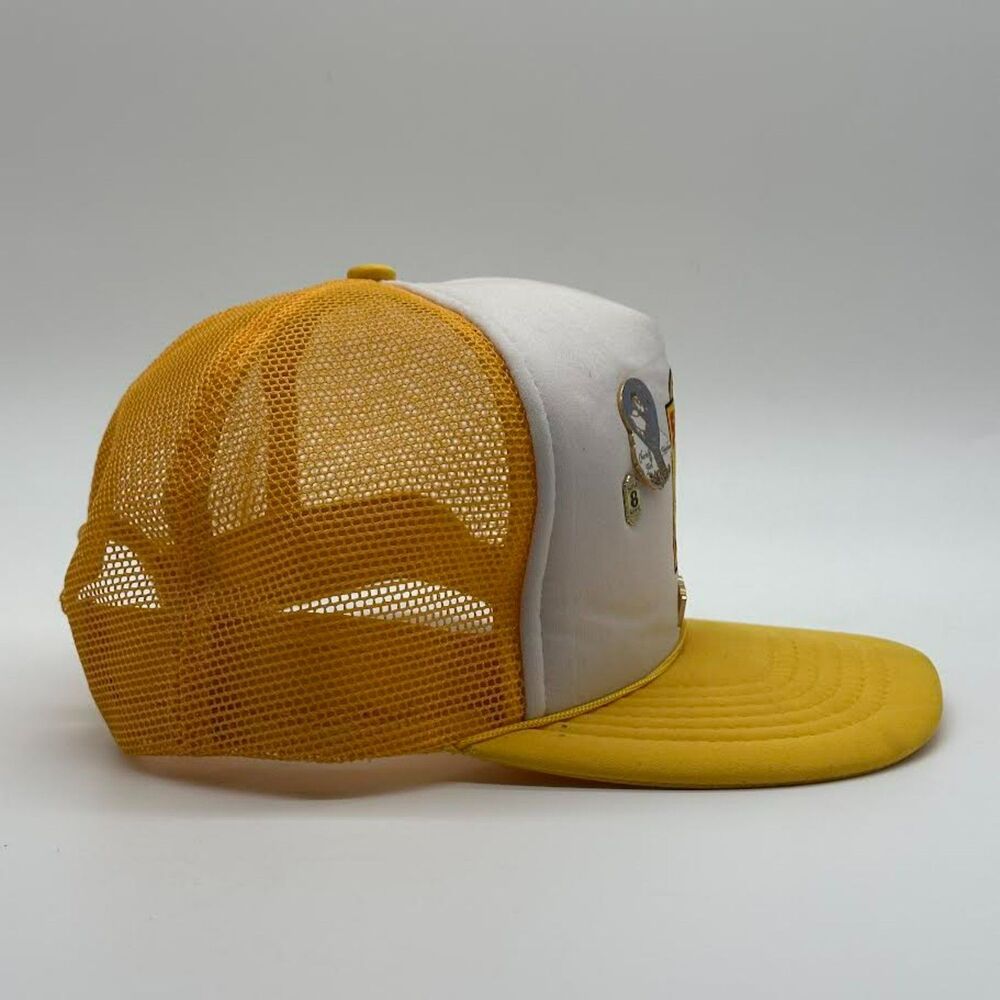 Vtg Super 8 Motel Trucker Hat with Pins Mesh Cap Yellow Snap Back Adj Flat Bill - Picture 5 of 11